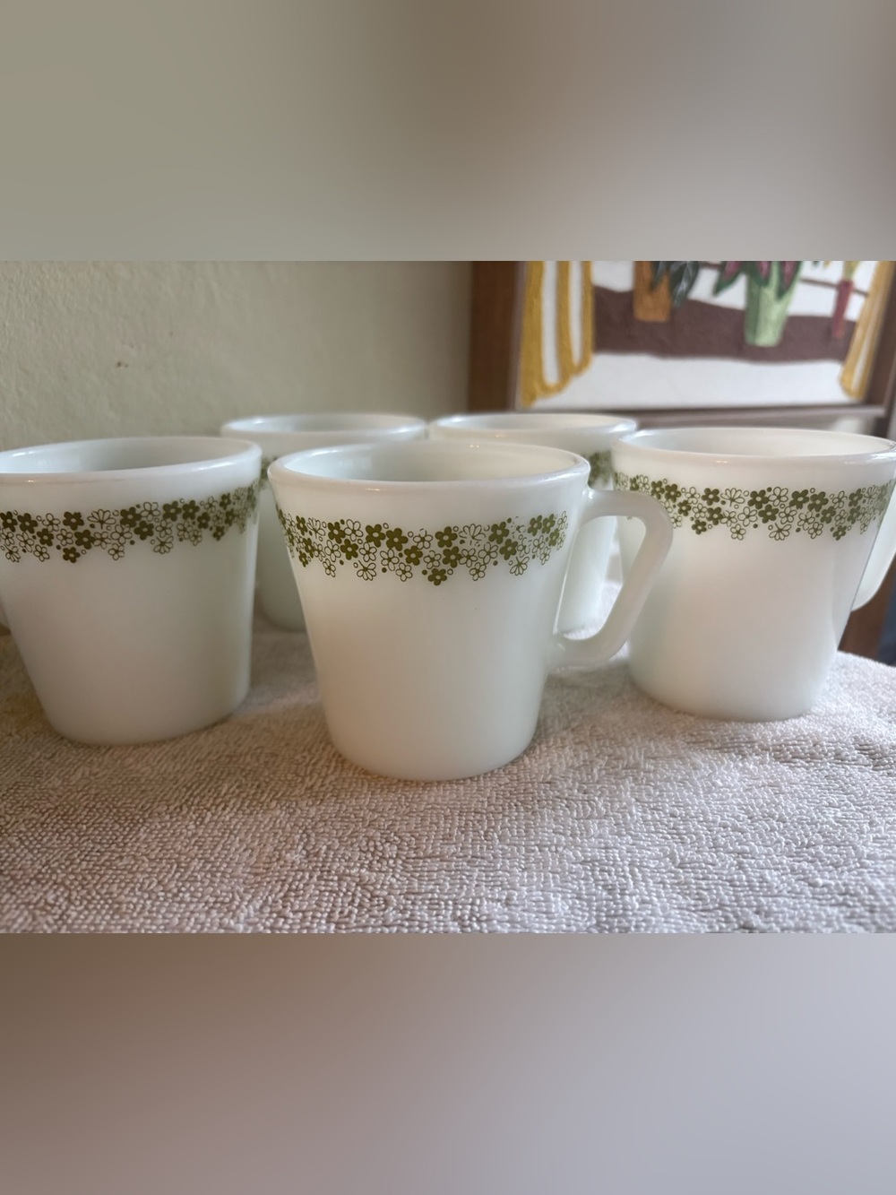 Vintage Pyrex Milk Glass Mugs (Set of 5) Spring Blossom Green / Crazy Daisy